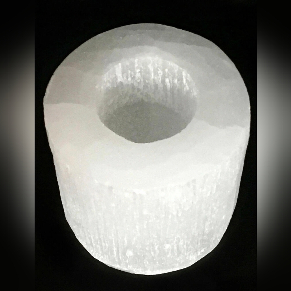 Selenite Crystal Candle Holder Hand Carved Pillar 3.5 x 3.25"
